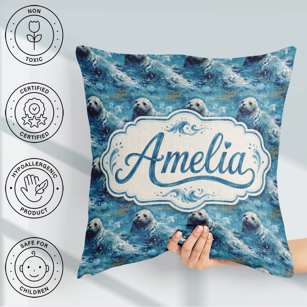 Custom Name Simple Seal Silhouettes with Leaf Motif Clean Design Square Filled Cushion Throw Pillow Sofa Bed Home Decor Zip Washable UK Made