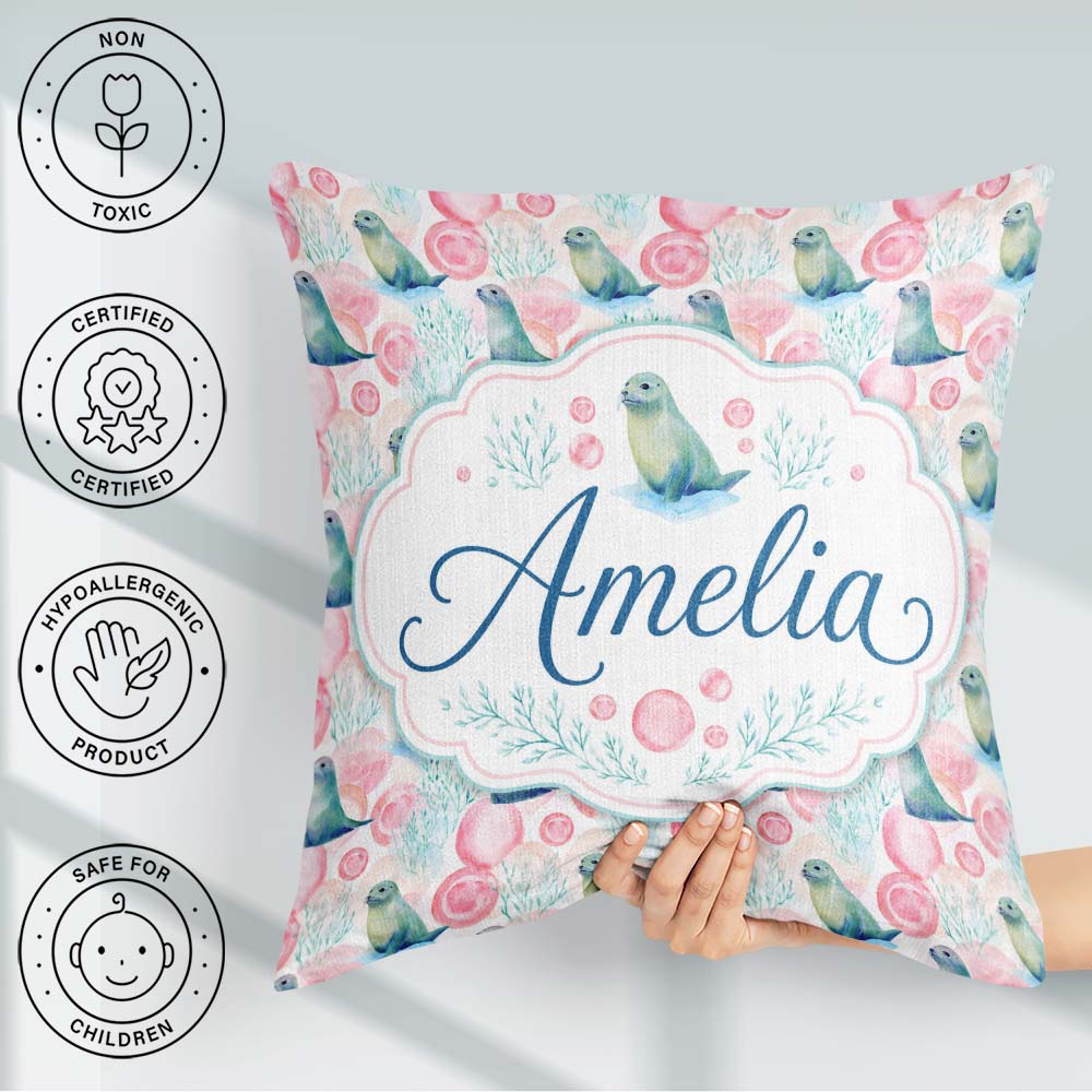 Custom Name Playful Blue Seal Characters Minimal Repeat Seamless Square Filled Cushion Throw Pillow Sofa Bed Home Decor Zip Washable UK Made