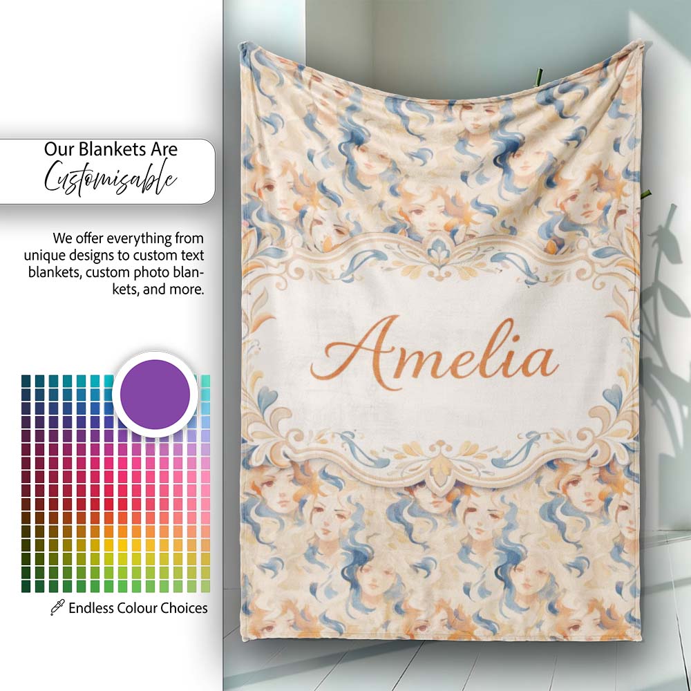 Artistic Female Portrait Cream Blue Abstract Pattern Lovely  Personalised Custom Name Super Soft Fleece Blanket Bed Sofa Throw