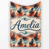 Bright Blue Ocean Seal Swimming Waves Artistic Seamless Pattern  Personalised Custom Name Super Soft Fleece Blanket Bed Sofa Throw