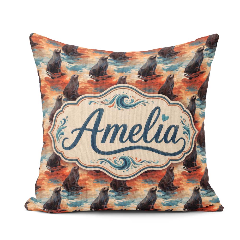 Custom Name Bright Blue Ocean Swimming Artistic Seamless Pattern Square Filled Cushion Throw Pillow Sofa Bed Home Decor Zip Washable UK Made