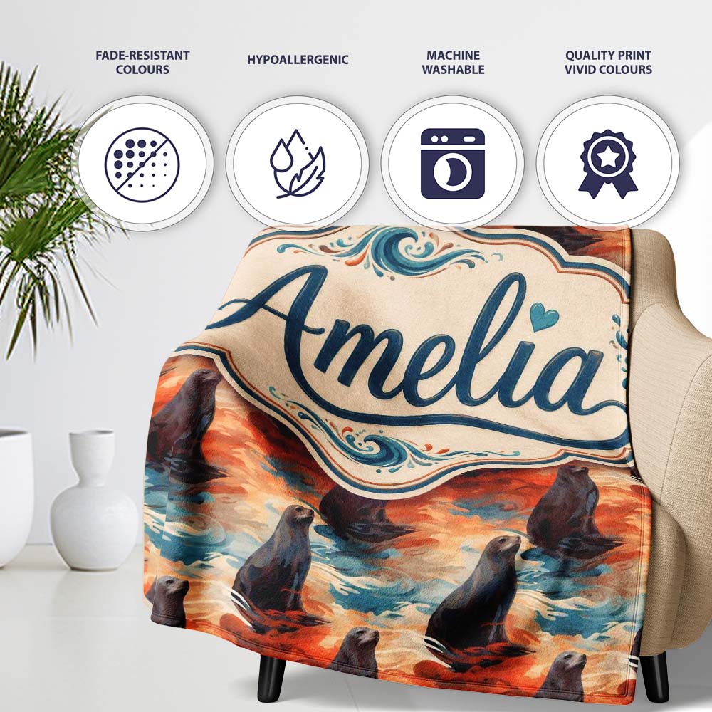 Bright Blue Ocean Seal Swimming Waves Artistic Seamless Pattern  Personalised Custom Name Super Soft Fleece Blanket Bed Sofa Throw