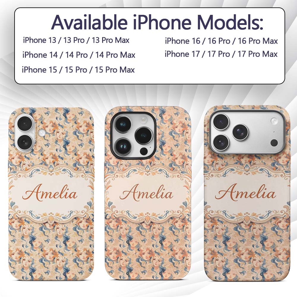 Artistic Female Portrait Cream Blue Abstract Custom Name Protective Phone Case Mobile Cover Durable Everyday Smartphone Shock Resistant