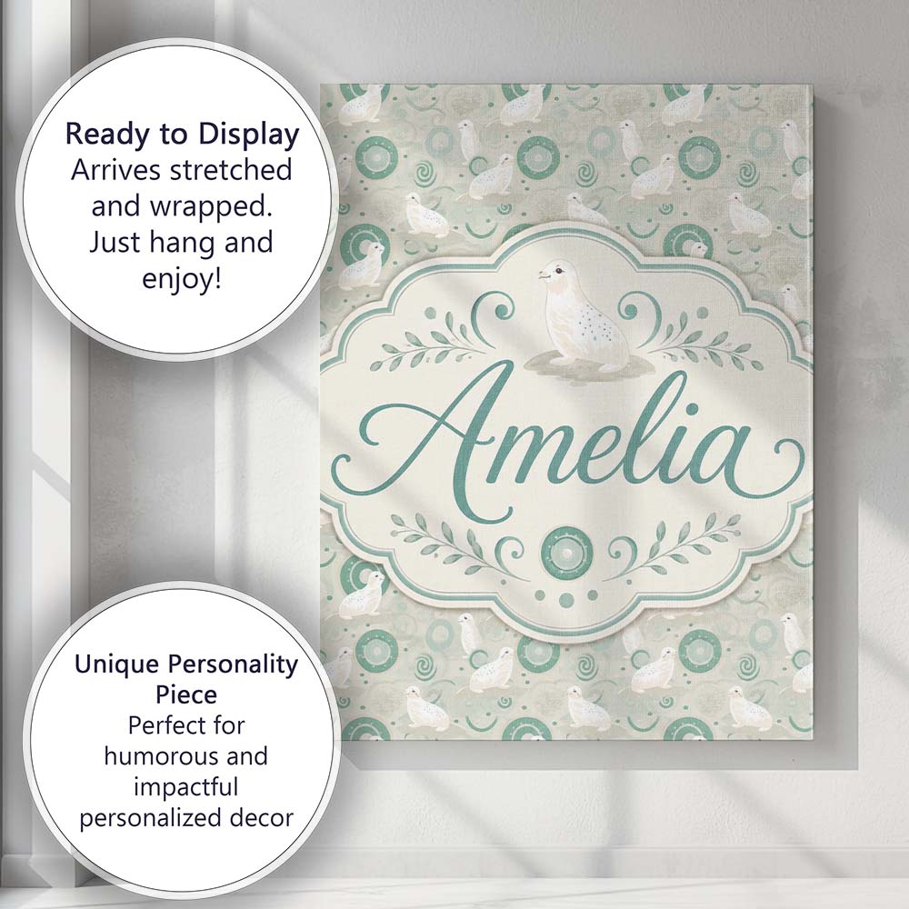 Personalised Name Cute Seal and Coral Custom Modern Room Accent Creative Decorator Style Canvas Wall Art Print Decor Picture Ready to Hang