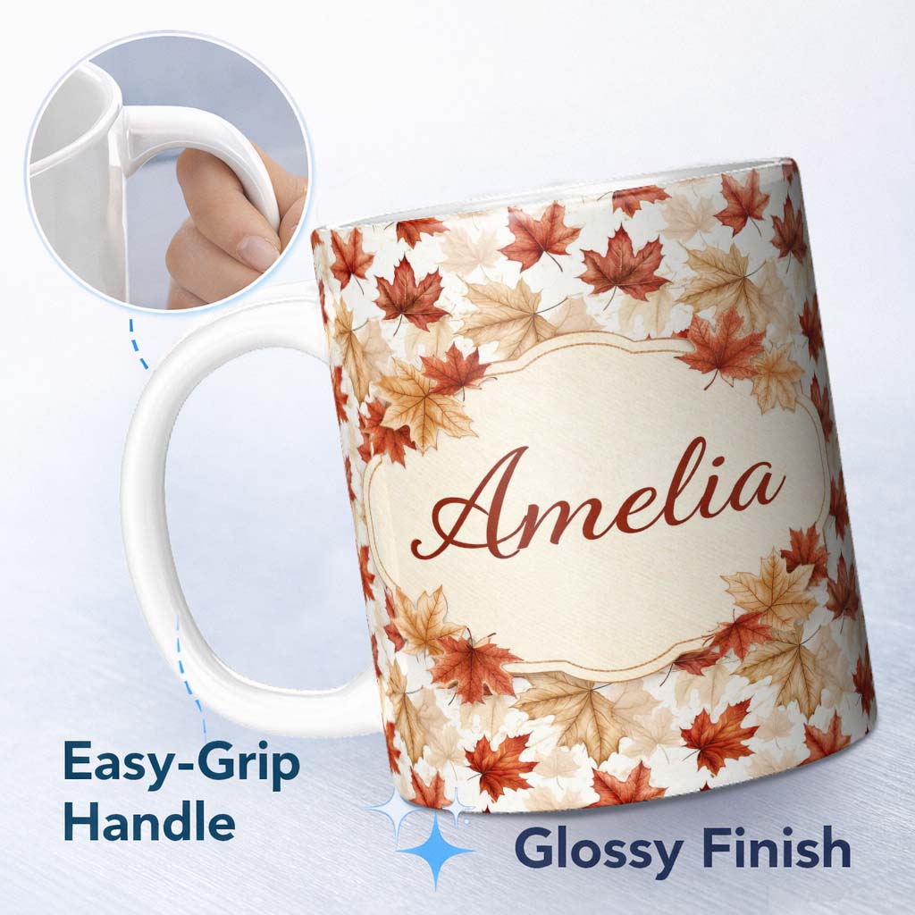 Personalized Custom Name Autumn Maple Leaf Pattern in Warm Red and Beige Tones on Light 11oz Ceramic Coffee Tea Mug White Large Handle