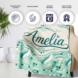 Decorative Stylised Seals with Swirl Ocean Motifs Teal Seamless  Personalised Custom Name Super Soft Fleece Blanket Bed Sofa Throw