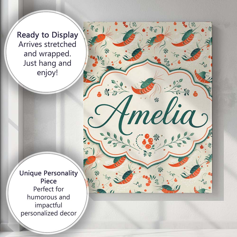 Personalised Name Cute Shrimp with Green Custom  Unique Gift Idea Elegant Feature Canvas Wall Art Print Decor Picture Ready to Hang