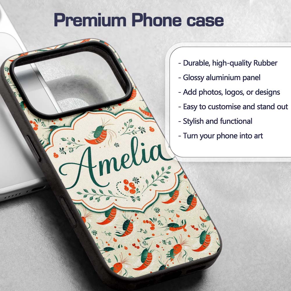 Cute Shrimp with Green Botanical Printed Design Custom Name Protective Phone Case Mobile Cover Durable Everyday Smartphone Shock Resistant