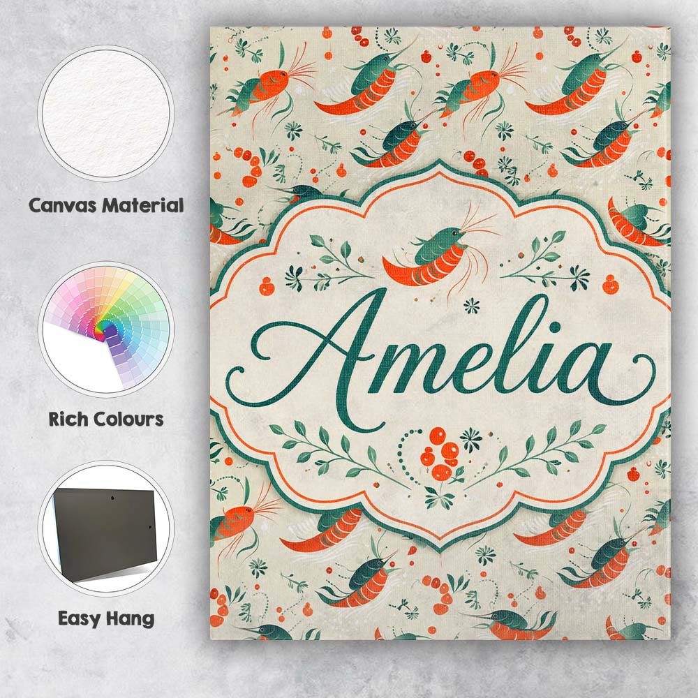 Personalised Name Cute Shrimp with Green Custom  Unique Gift Idea Elegant Feature Canvas Wall Art Print Decor Picture Ready to Hang