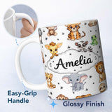 Personalized Custom Name Cute Jungle Baby Animals Lion Tiger Elephant Giraffe Pattern Grey 11oz Ceramic Coffee Tea Mug White Large Handle