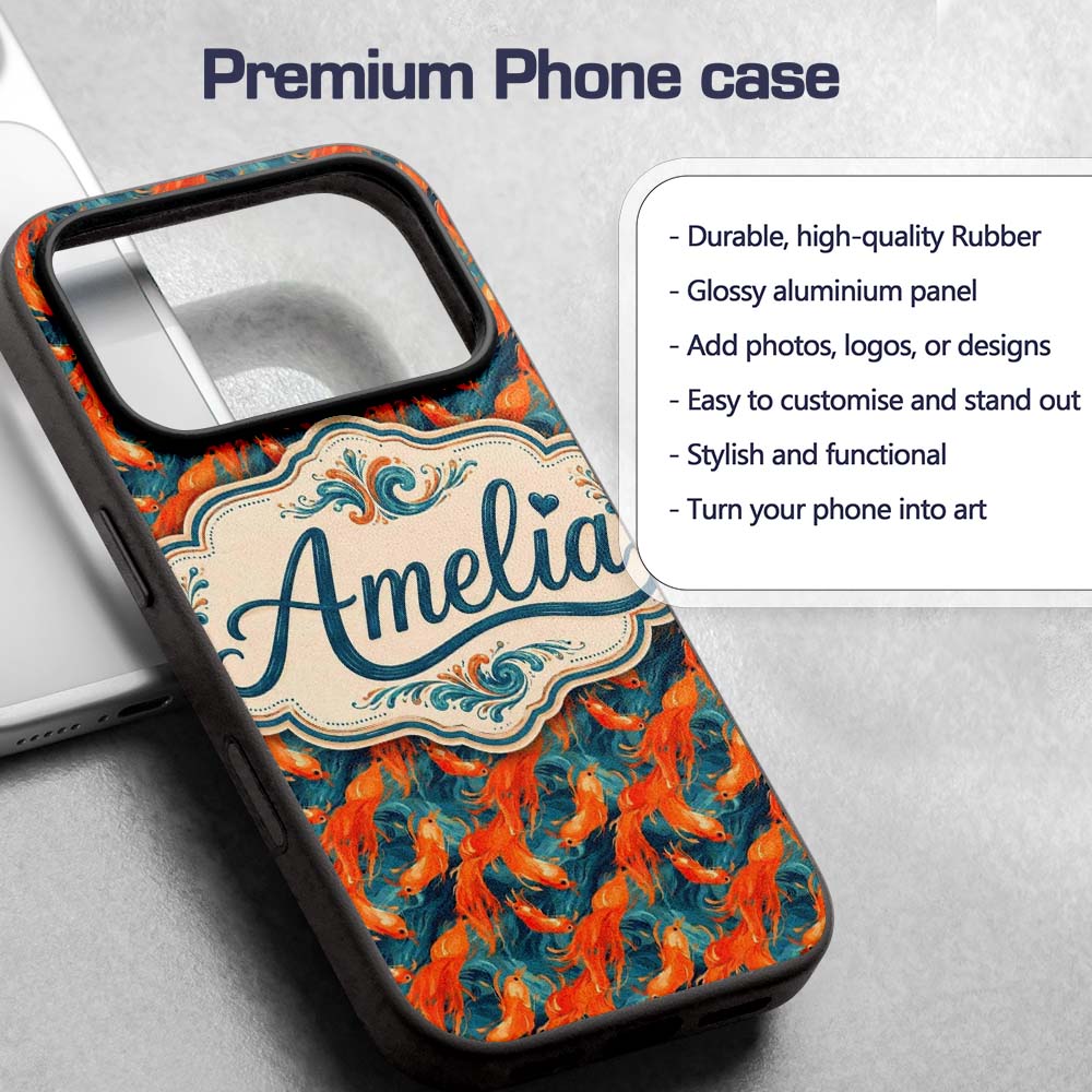 Cute Painterly Orange Shrimp with Flowing Ocean Custom Name Protective Phone Case Mobile Cover Durable Everyday Smartphone Shock Resistant