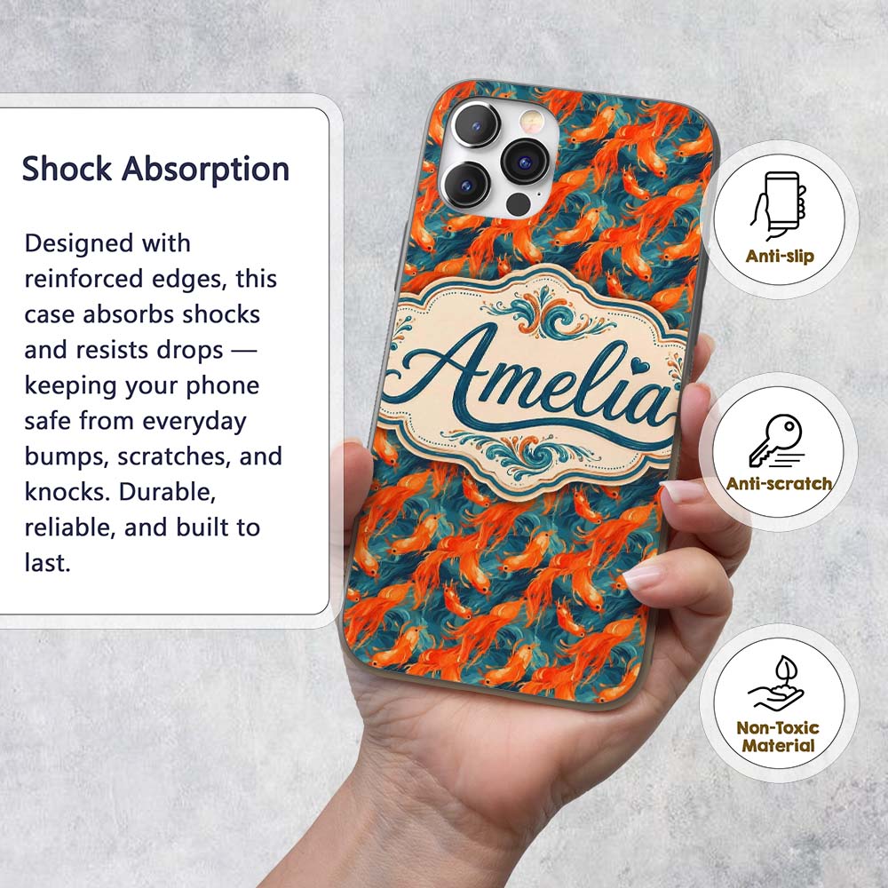 Cute Painterly Orange Shrimp with Flowing Ocean Custom Name Protective Phone Case Mobile Cover Durable Everyday Smartphone Shock Resistant