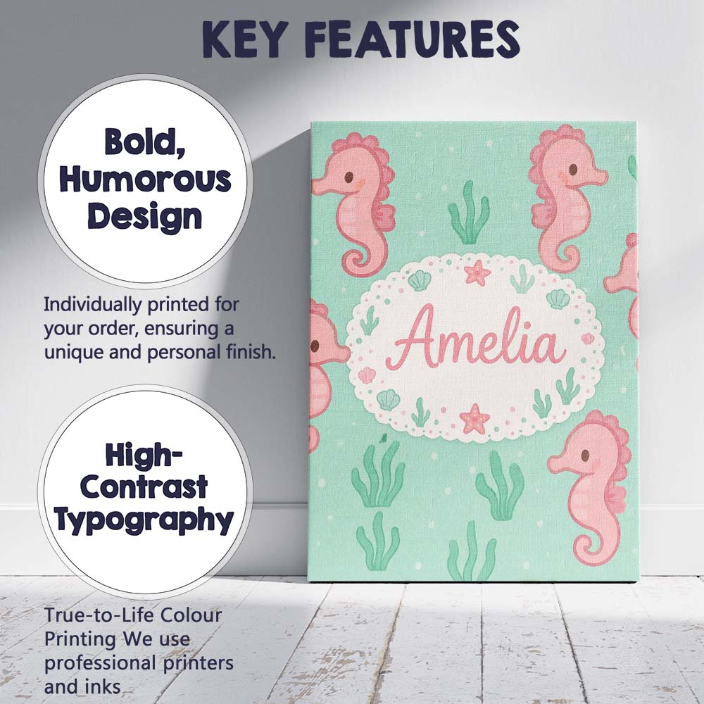 Personalised Name Cute Seahorse Ocean Cartoon Animal Pattern Stylish Custom  Home Canvas Wall Art Print Decor Picture Ready to Hang