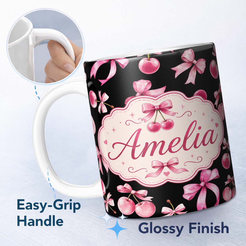 Personalized Custom Name Watercolor Cherry Bow Ribbon Black Background Seamless Pattern 11oz Ceramic Coffee Tea Mug White Large Handle