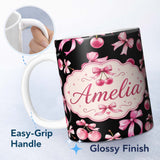 Personalized Custom Name Watercolor Cherry Bow Ribbon Black Background Seamless Pattern 11oz Ceramic Coffee Tea Mug White Large Handle