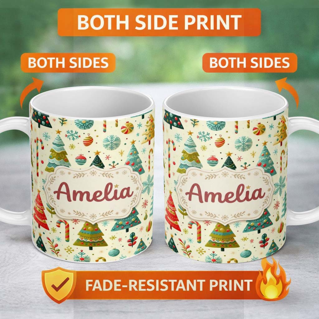 Personalized Custom Name Whimsical Christmas Trees with Candy Canes Baubles and Snowflakes 11oz Ceramic Coffee Tea Mug White Large Handle