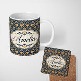 Personalized Custom Name Luxurious Gold Floral Damask on Deep Navy Background Seamless Lovely 11oz Ceramic Coffee Tea Mug White Large Handle