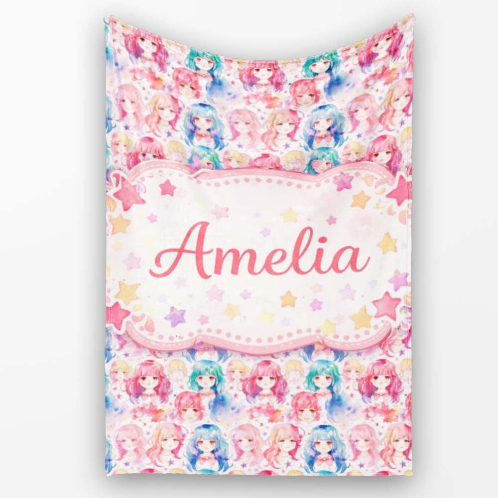 Colourful Anime Girls Pastel Star Pattern Kawaii Character Design  Personalised Custom Name Super Soft Fleece Blanket Bed Sofa Throw