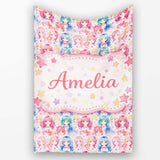 Colourful Anime Girls Pastel Star Pattern Kawaii Character Design  Personalised Custom Name Super Soft Fleece Blanket Bed Sofa Throw