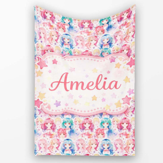 Colourful Anime Girls Pastel Star Pattern Kawaii Character Design  Personalised Custom Name Super Soft Fleece Blanket Bed Sofa Throw