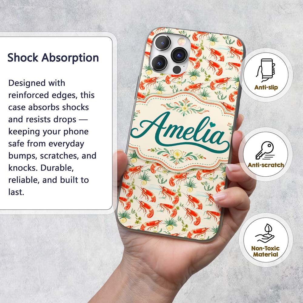 Cute Fresh Seafood Shrimp with Herbs and Citrus Custom Name Protective Phone Case Mobile Cover Durable Everyday Smartphone Shock Resistant