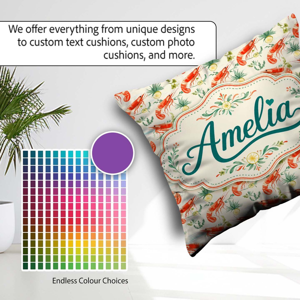 Custom Name Fresh Seafood Shrimp with Herbs and Seamless Pattern Square Filled Cushion Throw Pillow Sofa Bed Home Decor Zip Washable UK Made