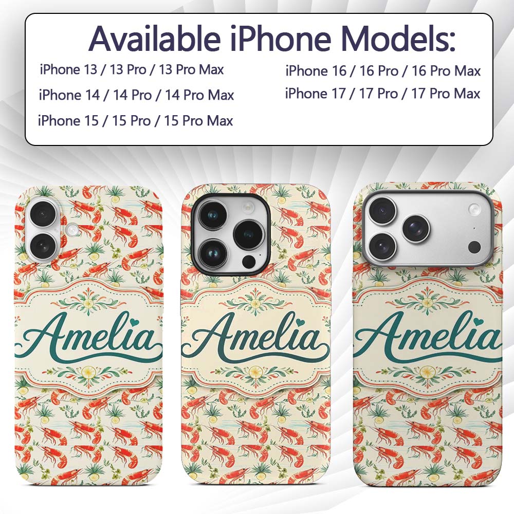Cute Fresh Seafood Shrimp with Herbs and Citrus Custom Name Protective Phone Case Mobile Cover Durable Everyday Smartphone Shock Resistant
