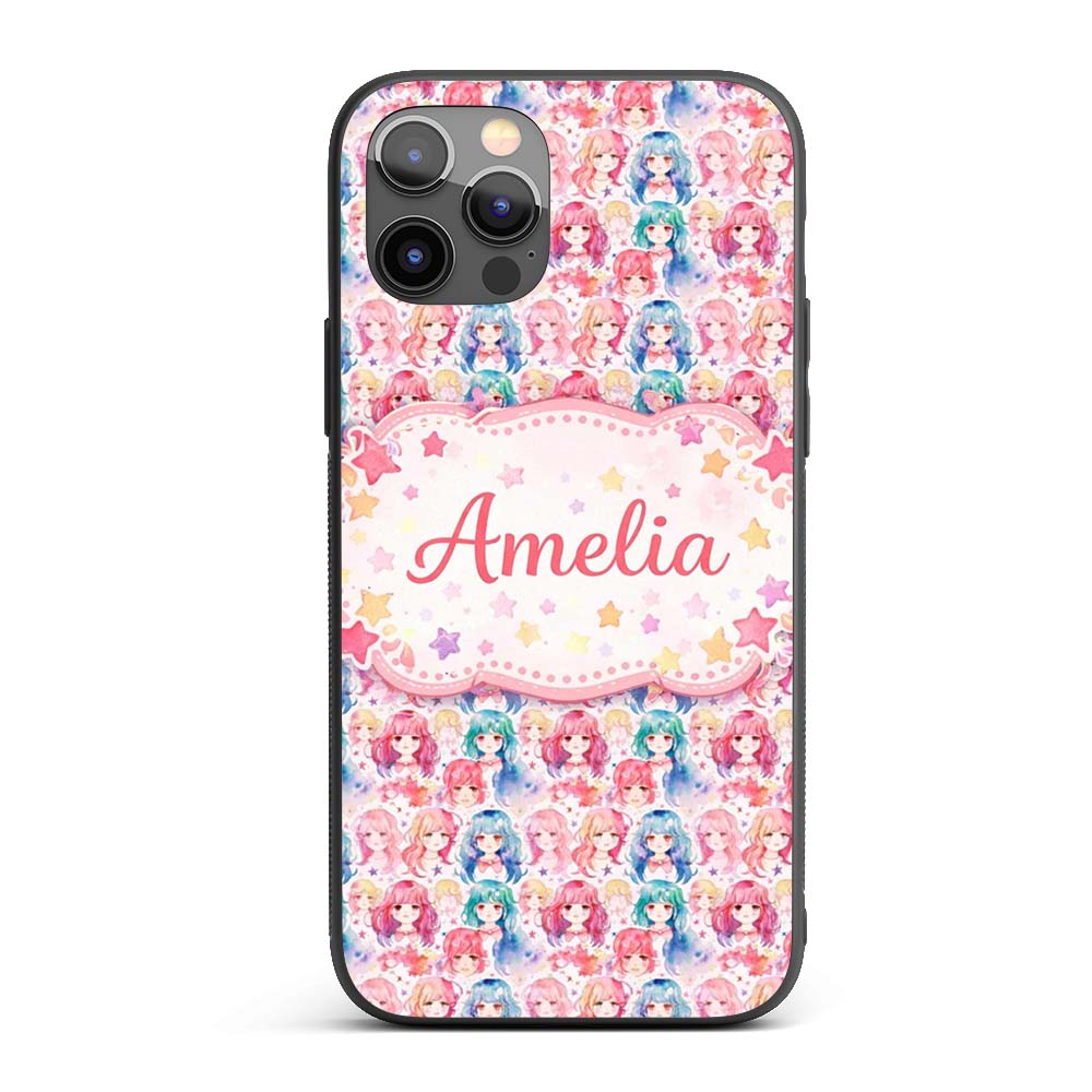 Colourful Anime Girls Pastel Star Pattern Kawaii Custom Name Protective Phone Case Mobile Cover Durable Everyday Smartphone Shock Resistant