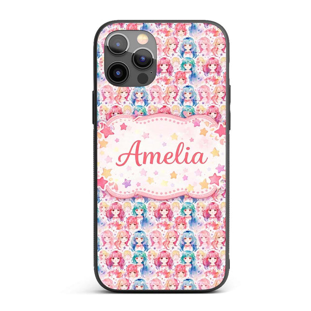 Colourful Anime Girls Pastel Star Pattern Kawaii Custom Name Protective Phone Case Mobile Cover Durable Everyday Smartphone Shock Resistant