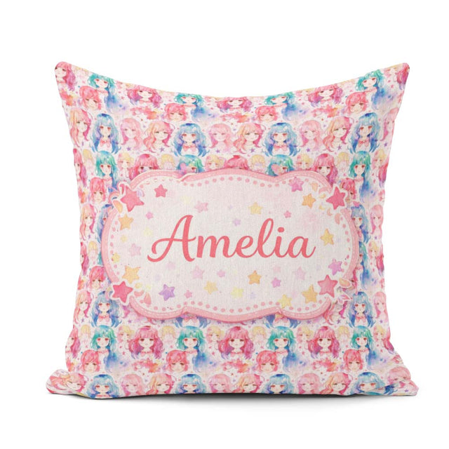 Custom Name Colourful Anime Pastel Star Pattern Kawaii Character Square Filled Cushion Throw Pillow Sofa Bed Home Decor Zip Washable UK Made
