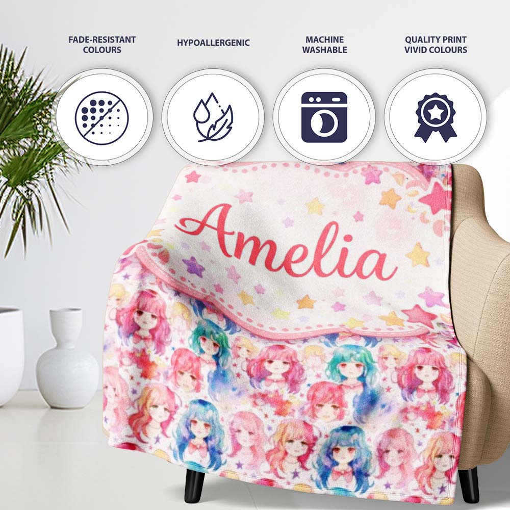 Colourful Anime Girls Pastel Star Pattern Kawaii Character Design  Personalised Custom Name Super Soft Fleece Blanket Bed Sofa Throw