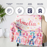 Colourful Anime Girls Pastel Star Pattern Kawaii Character Design  Personalised Custom Name Super Soft Fleece Blanket Bed Sofa Throw