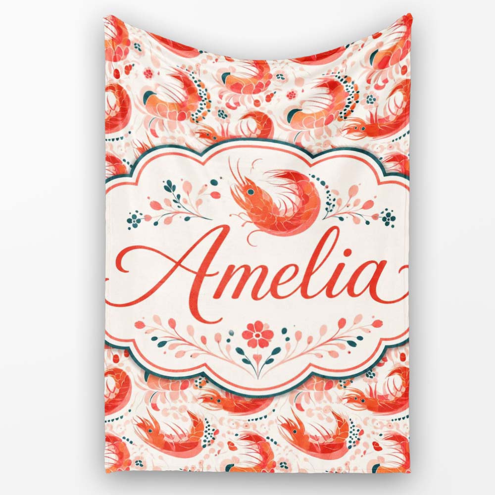 Stylised Coral Shrimp with Floral Elements Seamless Pattern Lovely  Personalised Custom Name Super Soft Fleece Blanket Bed Sofa Throw