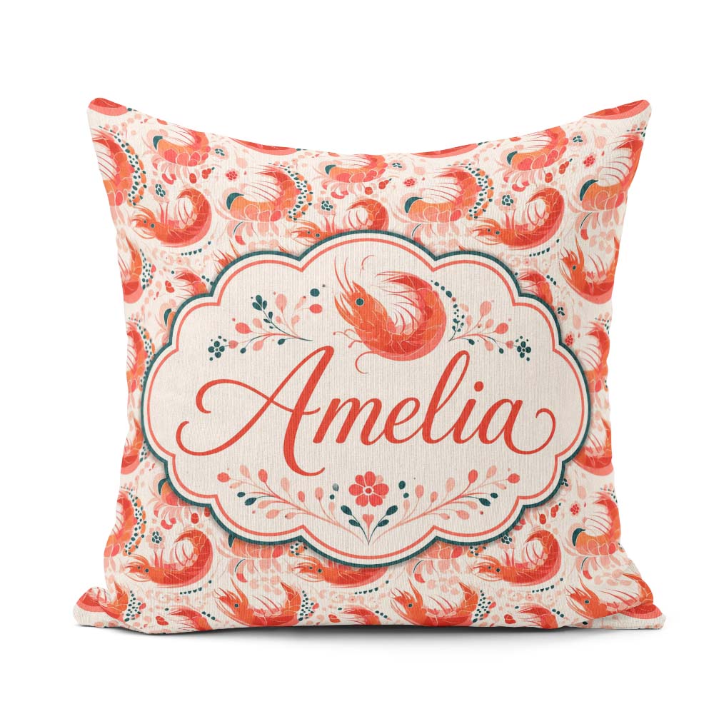 Custom Name Stylised Coral Shrimp with Elements Seamless Pattern Square Filled Cushion Throw Pillow Sofa Bed Home Decor Zip Washable UK Made