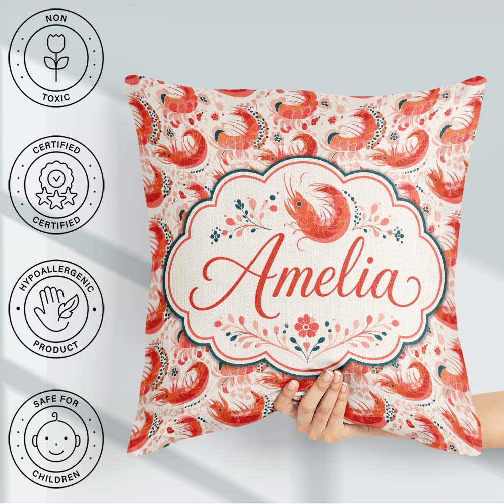 Custom Name Stylised Coral Shrimp with Elements Seamless Pattern Square Filled Cushion Throw Pillow Sofa Bed Home Decor Zip Washable UK Made