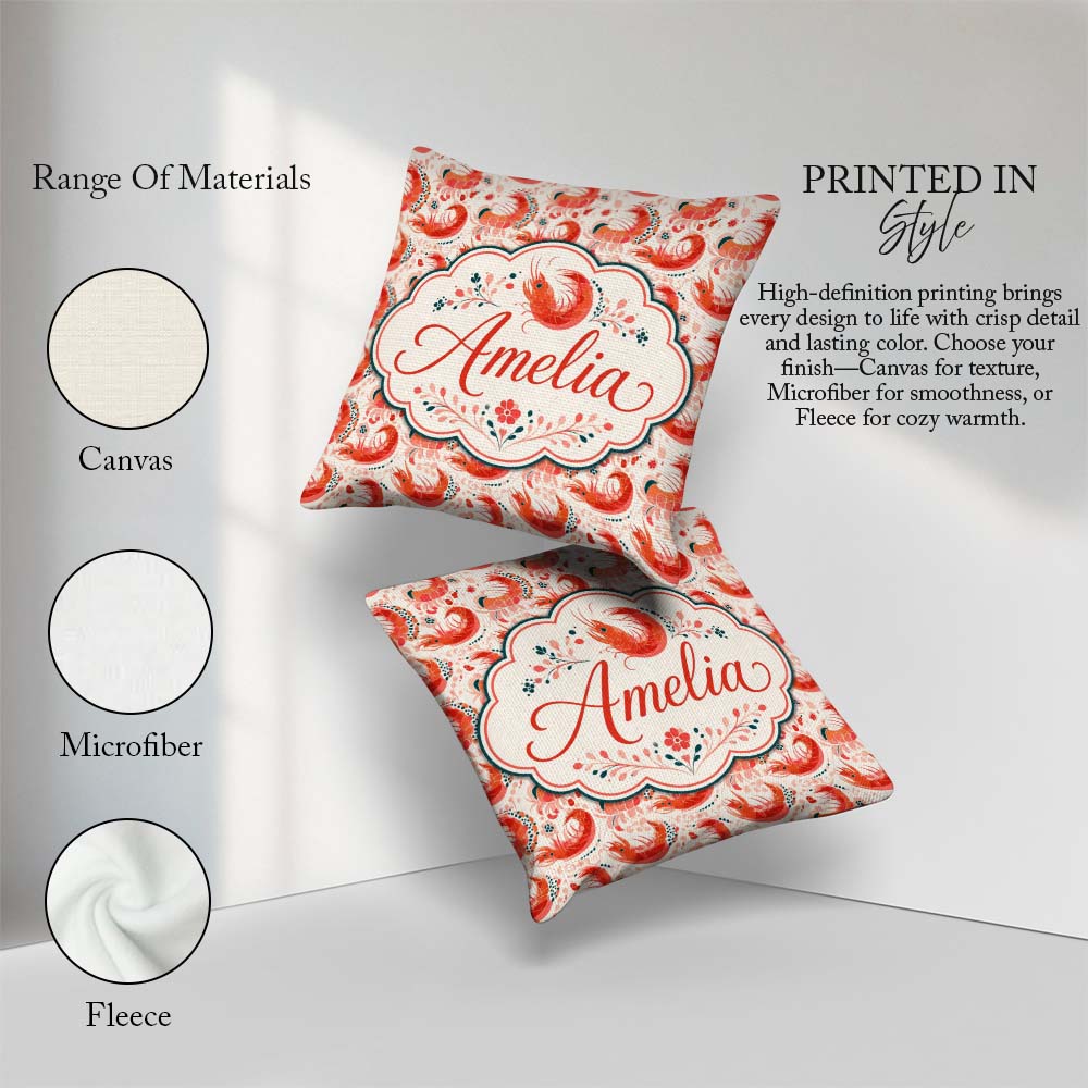 Custom Name Stylised Coral Shrimp with Elements Seamless Pattern Square Filled Cushion Throw Pillow Sofa Bed Home Decor Zip Washable UK Made