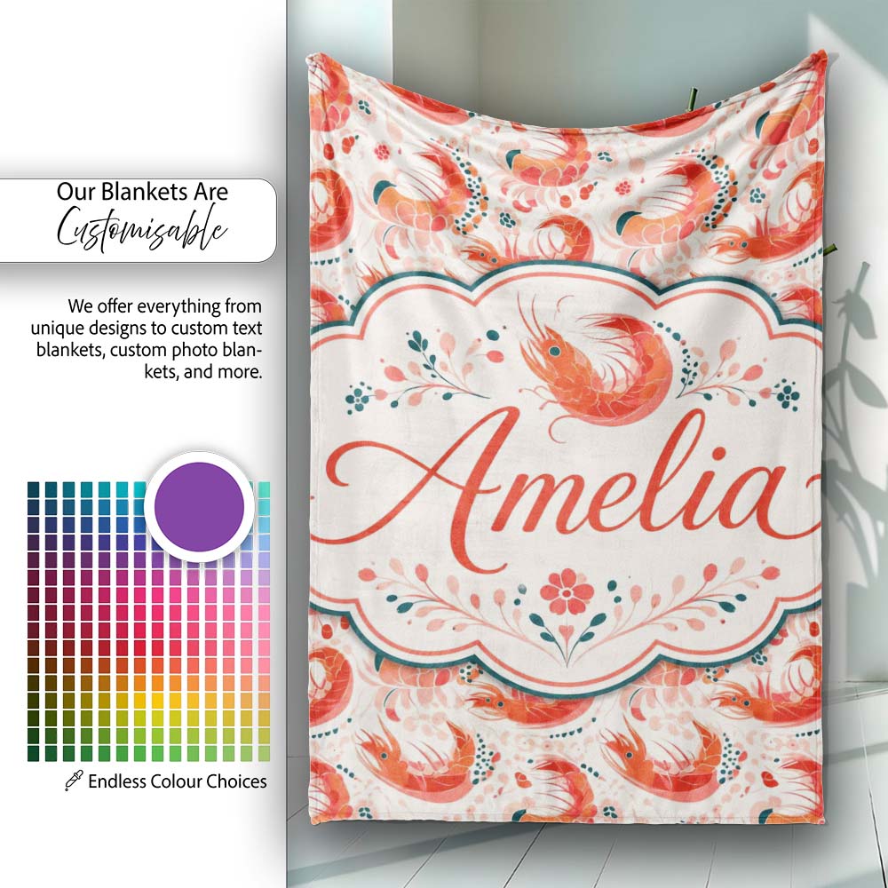 Stylised Coral Shrimp with Floral Elements Seamless Pattern Lovely  Personalised Custom Name Super Soft Fleece Blanket Bed Sofa Throw