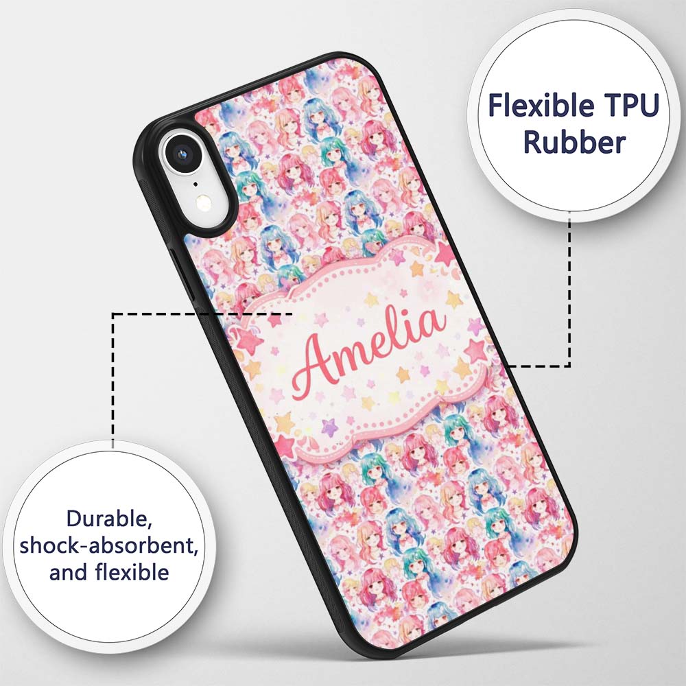 Colourful Anime Girls Pastel Star Pattern Kawaii Custom Name Protective Phone Case Mobile Cover Durable Everyday Smartphone Shock Resistant