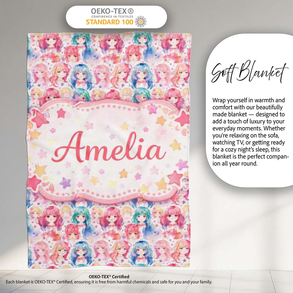 Colourful Anime Girls Pastel Star Pattern Kawaii Character Design  Personalised Custom Name Super Soft Fleece Blanket Bed Sofa Throw