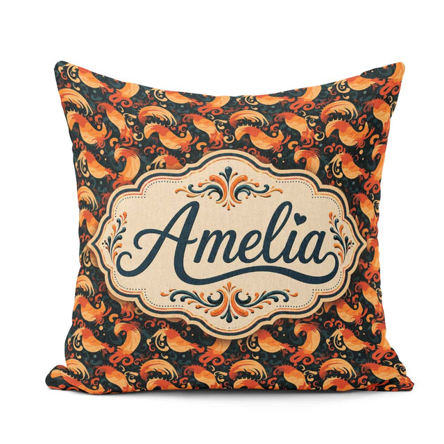 Custom Name Ornate Orange Shrimp with Decorative Swirls Seamless Square Filled Cushion Throw Pillow Sofa Bed Home Decor Zip Washable UK Made