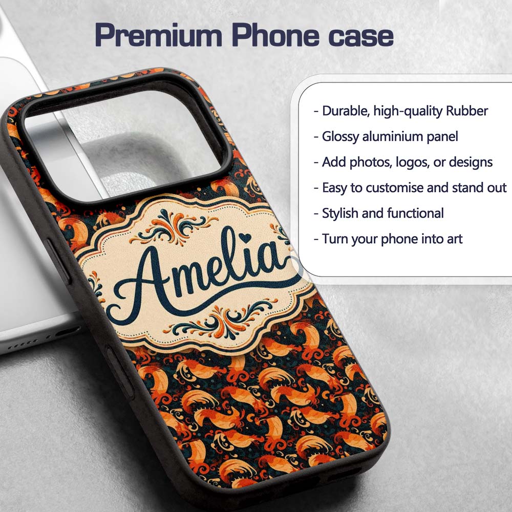 Ornate Orange Shrimp with Decorative Swirls Dark Custom Name Protective Phone Case Mobile Cover Durable Everyday Smartphone Shock Resistant
