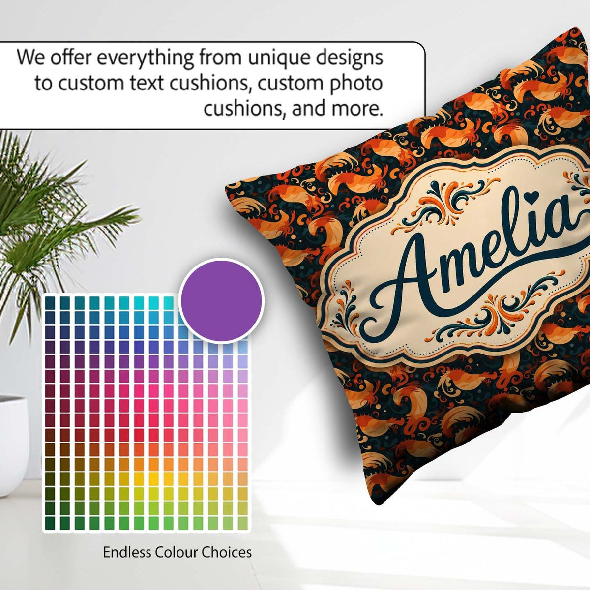Custom Name Ornate Orange Shrimp with Decorative Swirls Seamless Square Filled Cushion Throw Pillow Sofa Bed Home Decor Zip Washable UK Made