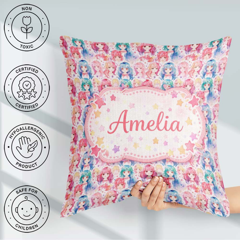 Custom Name Colourful Anime Pastel Star Pattern Kawaii Character Square Filled Cushion Throw Pillow Sofa Bed Home Decor Zip Washable UK Made