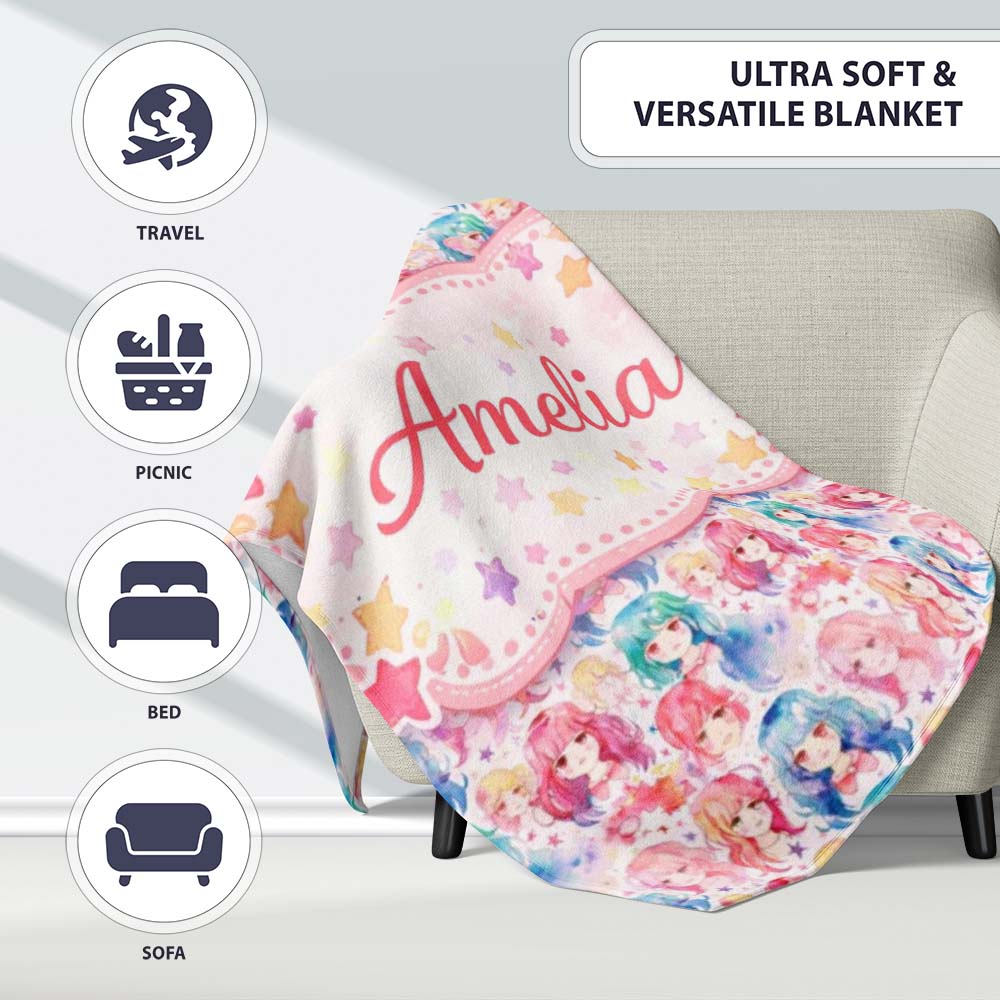 Colourful Anime Girls Pastel Star Pattern Kawaii Character Design  Personalised Custom Name Super Soft Fleece Blanket Bed Sofa Throw