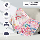 Colourful Anime Girls Pastel Star Pattern Kawaii Character Design  Personalised Custom Name Super Soft Fleece Blanket Bed Sofa Throw