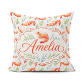 Custom Name Watercolour Prawn and Seaweed Coastal Pattern Lovely Square Filled Cushion Throw Pillow Sofa Bed Home Decor Zip Washable UK Made