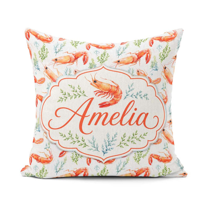 Custom Name Watercolour Prawn and Seaweed Coastal Pattern Lovely Square Filled Cushion Throw Pillow Sofa Bed Home Decor Zip Washable UK Made