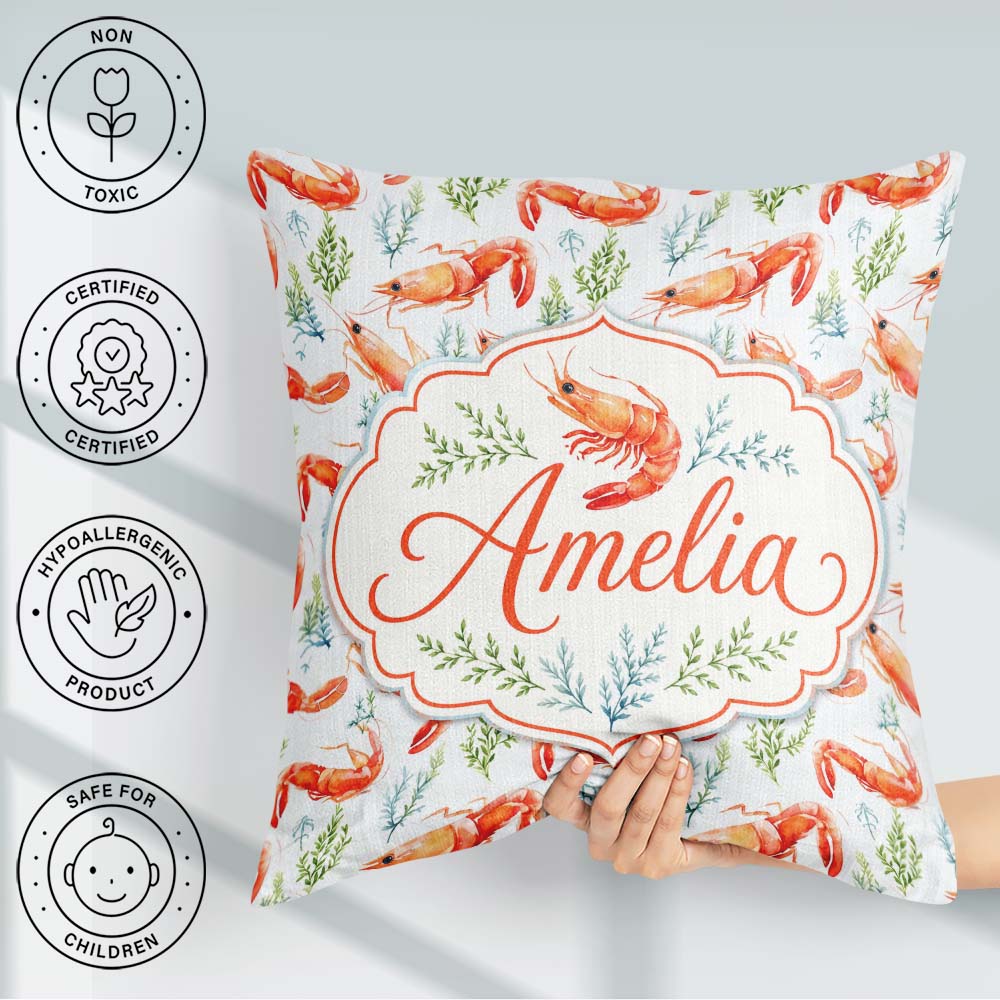 Custom Name Watercolour Prawn and Seaweed Coastal Pattern Lovely Square Filled Cushion Throw Pillow Sofa Bed Home Decor Zip Washable UK Made
