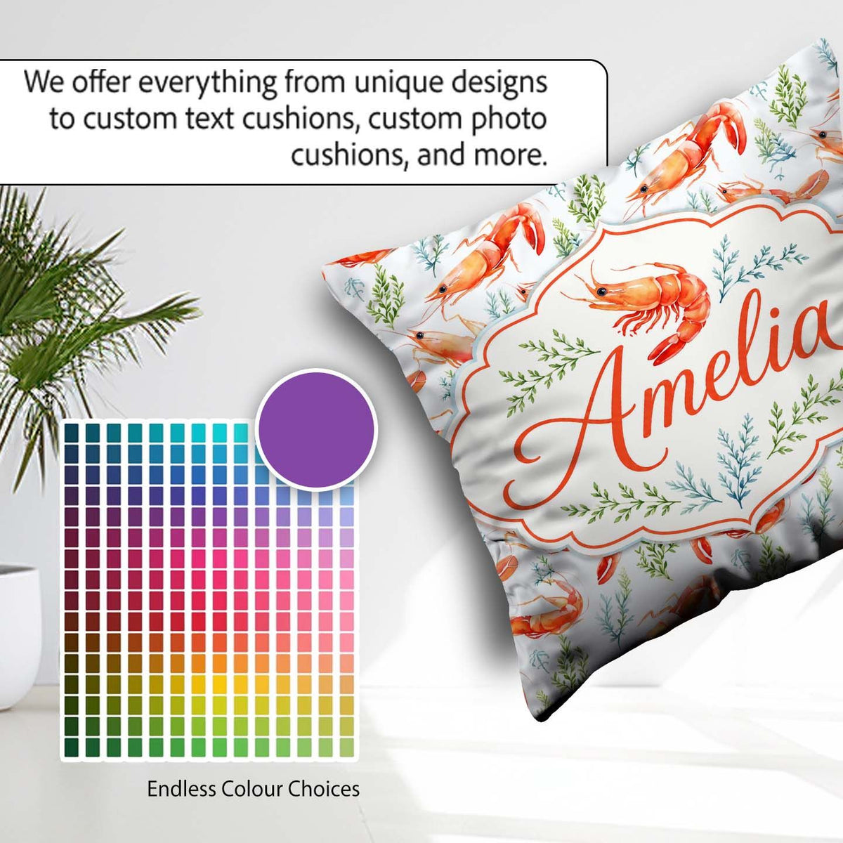 Custom Name Watercolour Prawn and Seaweed Coastal Pattern Lovely Square Filled Cushion Throw Pillow Sofa Bed Home Decor Zip Washable UK Made