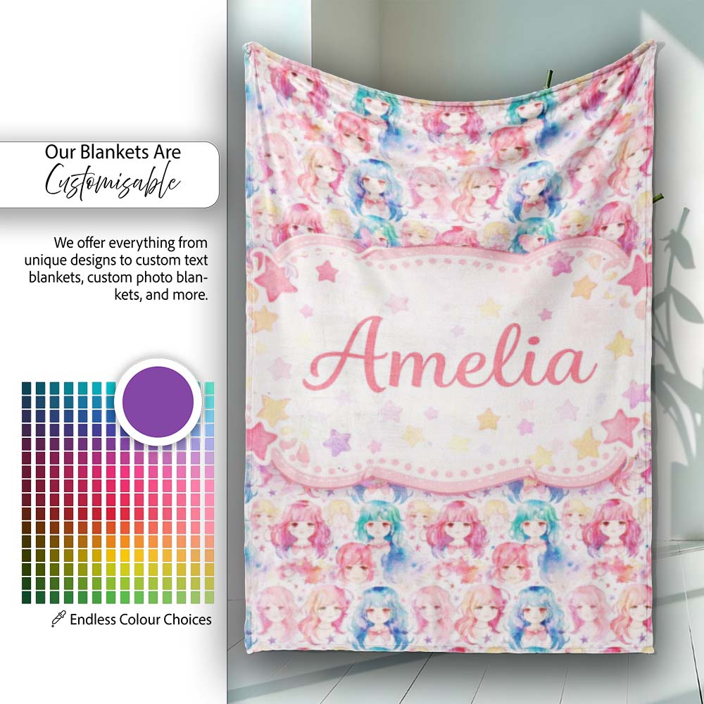 Colourful Anime Girls Pastel Star Pattern Kawaii Character Design  Personalised Custom Name Super Soft Fleece Blanket Bed Sofa Throw